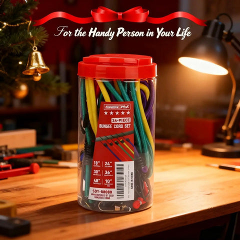 Premium Heavy Duty 24 Piece Bungee Cord Set With Hooks In Storage Jar on workshop table for camping, tarping, and gear securing.