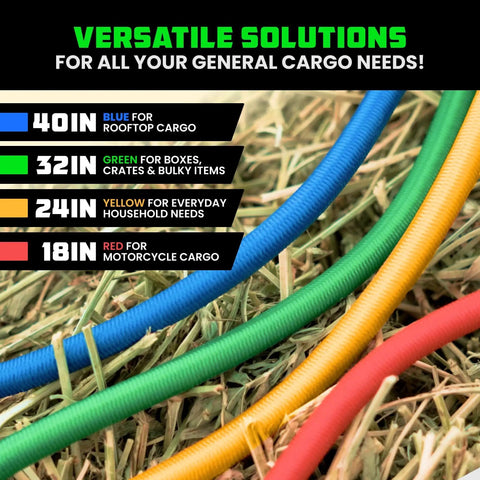 Heavy Duty Bungee Cord Set With Hooks And Clips 28 Piece Outdoor Tie Down Kit with colored cords on hay background
