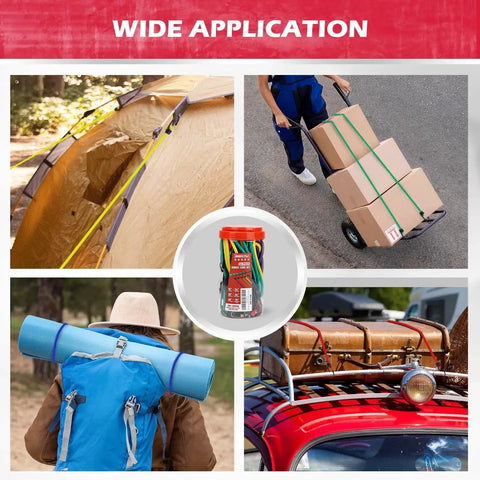 Collage showing Premium Heavy Duty 24 Piece Bungee Cord Set With Hooks in Storage Jar used for camping, hauling, and securing gear outdoors.