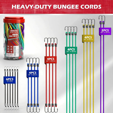 Premium Heavy Duty 24 Piece Bungee Cord Set With Hooks In Storage Jar Includes 10 18 24 30 36 And 48 Inch Cords For Camping Tarping Hauling