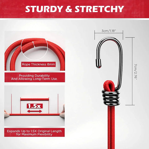 Close-up of red bungee cord with hook, showing thickness and stretchability from the Premium Heavy Duty 24 Piece Bungee Cord Set With Hooks In Storage Jar Includes 10 18 24 30 36 And 48 Inch Cords For Camping Tarping Hauling And Securing Outdoor Gear