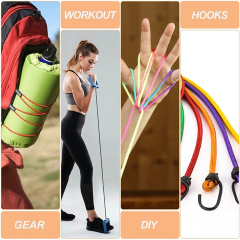 Collage of Heavy Duty Elastic Bungee Cord One Eighth Inch By Fifty Foot for gear, workout, DIY projects, and hooks usage scenarios.