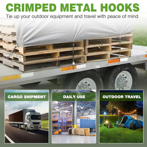 Heavy Duty Bungee Cords With Hooks 10 Pack In 10 15 21 31 Inch Lengths securing tarps on trailer for cargo transport