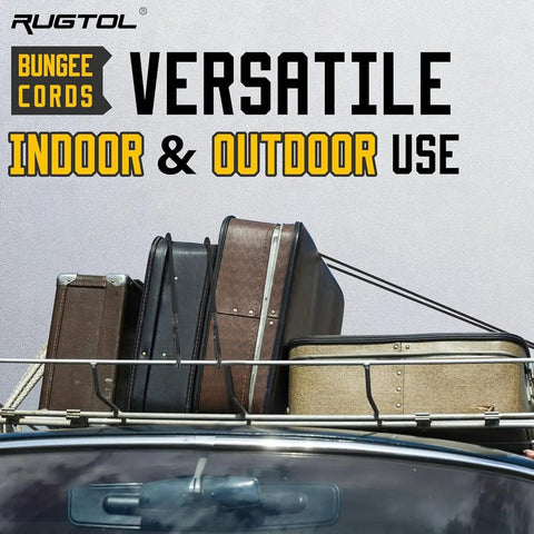 Car roof with luggage secured using Heavy Duty 12 Inch Bungee Cords With Carabiner Hooks One Third Inch Thick Elastic Rope