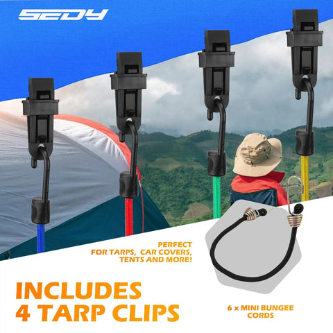 60 Piece Bungee Cords with Hooks Assorted Sizes with tarp clips and mini bungee cords shown outdoors