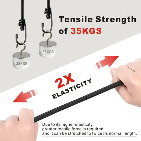Close-up of Heavy Duty Bungee Cords With Hooks 24 Inch Set Of 4 No Odour Elastic Straps demonstrating 2x elasticity and 35 kg strength