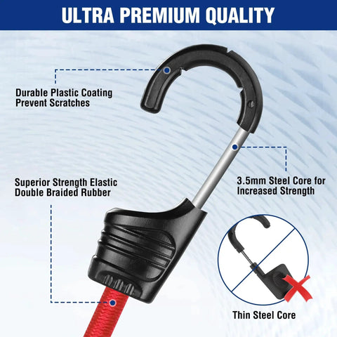 Close-up of 24 Inch Bungee Cords With Hooks Pack Of 4 Heavy Duty Rubber Core Elastic Straps showing hook design with steel core and plastic coating.