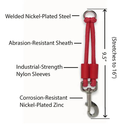 Patented bungee leash extension delivers cushioned shock absorption for you and your dog, compatible with any leash, collar, harness