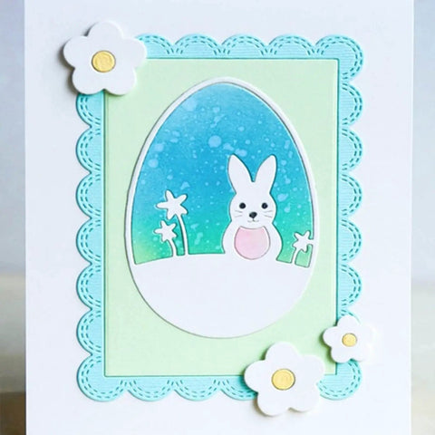 Easter card featuring Four Piece Rectangle Frame Metal Die Cuts Set with Stitched Scalloped Nesting Tags for scrapbooking.