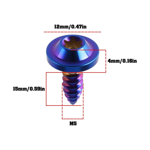✝️ Briny River 4Pcs Titanium Screws M5x15mm Torx Head Self Tapping Screw for Motorcycle Bicycle, Burn Blue, showing dimensions.