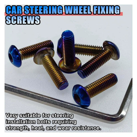 ✝️ 6PCS Steering Wheel Screw Kit, Burnt Titanium Finish Round Head Taper Steering Wheel Bolts, M5×0.8/20mm, shown with hex key.