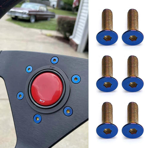 Close-up of steering wheel with red center and PQY 6pcs Steering Wheel Screw Bolts Taper M5×0.8 Length 15mm Burnt Titanium Finish