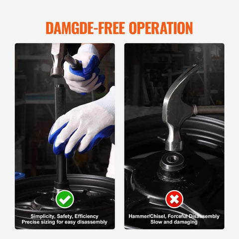 52 Piece Bushing Bearing And Seal Driver Kit shown in damage-free operation comparison, using a proper tool versus chisel method.