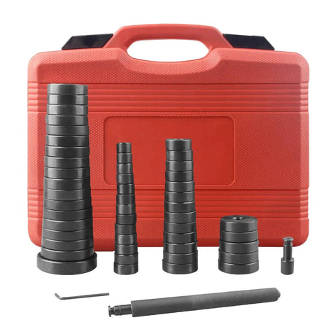 All in One 52 in 1 Bushing Driver Set for Transmission Axle and Wheel Hub Installations, shown with red carrying case and components