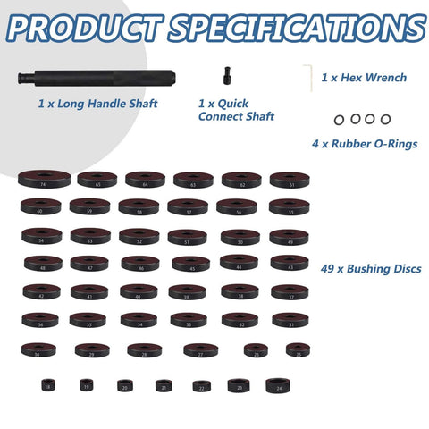 52 in 1 Custom Bushing Driver Set with 49 bushing discs, hex wrench, long handle shaft, quick connect shaft, and rubber O-rings.