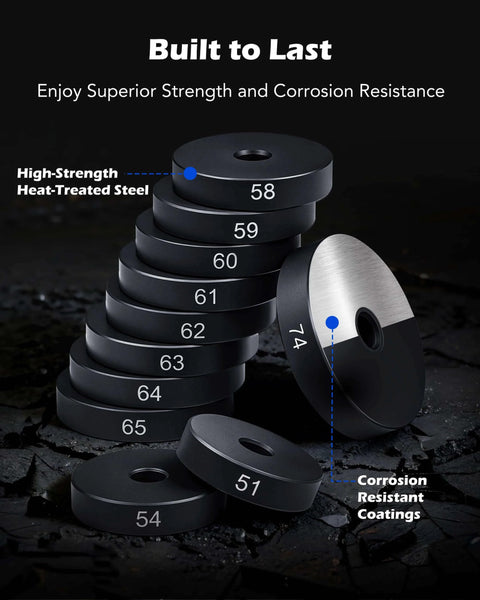 Round steel components from 52-in-1 Custom Bushing Driver Tool Set and Transmission Wheel Axle Bearing Race Seal Installer Remover.
