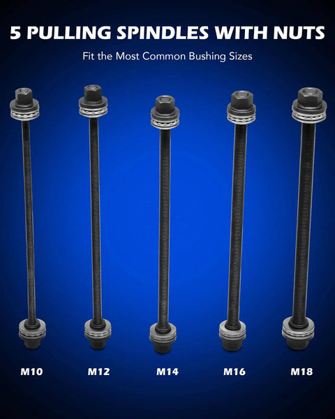 Five pulling spindles with nuts for Bushing Press Kit, 27pc Pull and Press Sleeve Kit for Most LCV HGV Engine Cars Vehicles.