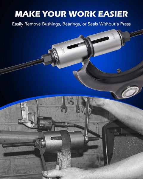 Bushing Press Kit, 27pc Pull and Press Sleeve Kit for Most LCV HGV Engine Cars Vehicles in use, showing easy seal bearing removal.