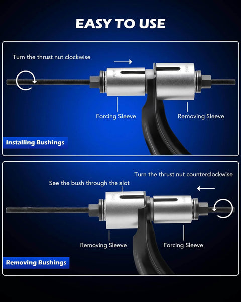 Diagram of Bushing Press Kit, 27pc Pull and Press Sleeve Kit showing installation and removal of bushings in engine vehicles.