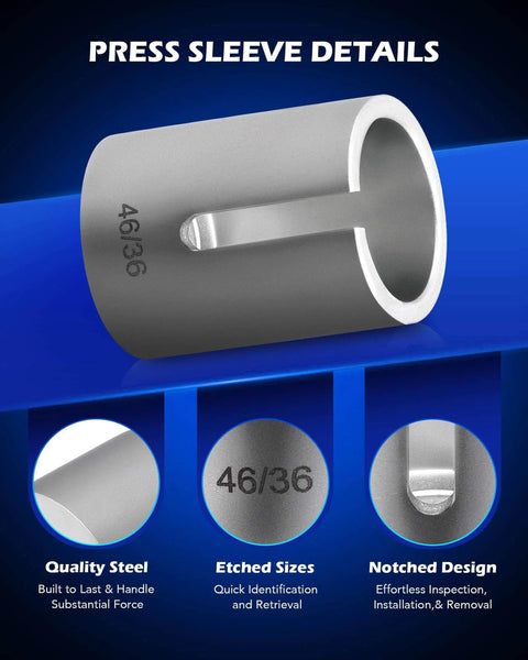 Close-up of a steel press sleeve with etched sizes, part of the Bushing Press Kit, 27pc Pull and Press Sleeve Kit for Most LCV HGV Engine Cars Vehicles.