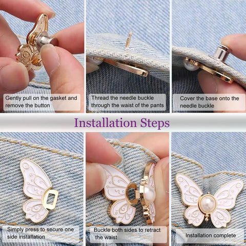 Installation steps for 8 Piece Butterfly Jeans Button Waist Tighteners Set With Detachable Clips Adjustable Waist Buckles