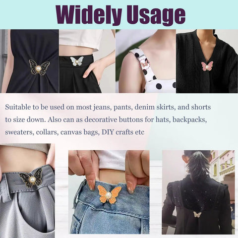 8 Piece Butterfly Jeans Button Waist Tighteners Set With Detachable Clips Adjustable Waist Buckles For Loose Jeans No Sew No Tools Decorative Butterfly Buttons Pins For Pants And Denim Upgrades, showing various uses on clothing.