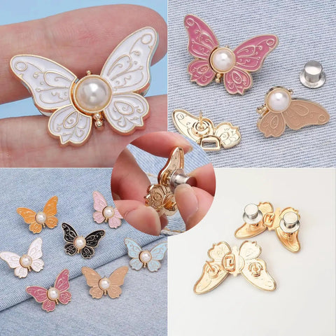 8 Piece Butterfly Jeans Button Waist Tighteners Set With Detachable Clips Adjustable Waist Buckles For Loose Jeans No Sew No Tools Decorative Butterfly Buttons Pins For Pants And Denim Upgrades shown in various colors and angles.
