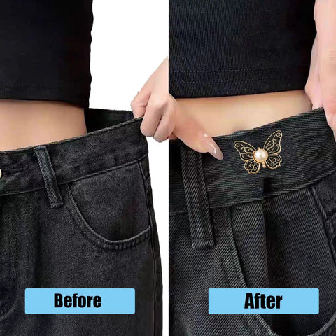 Before and after using 8 Piece Butterfly Jeans Button Waist Tighteners Set With Detachable Clips Adjustable Waist Buckles for Loose Jeans