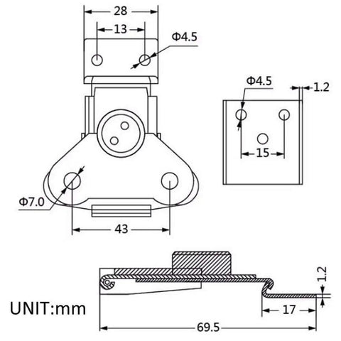 Technical drawing of small butterfly twist latch with keeper plate in zinc plated steel for compact storage solutions, dimensions in mm
