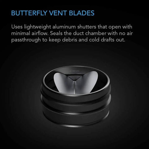 Close-up of Backdraft Damper for 6 Inch Ducting With One Way Airflow and Spring Loaded Folding Blades for Range Hoods and Bathroom Fans AC Infinity Airtight Gasket Seal and Horizontal or Vertical Mount to Prevent Backflow and Debris