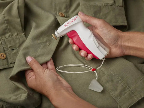 Fast No Sew Button Tool For Garments And More From Buttoneer, attaches buttons without sewing on green shirt