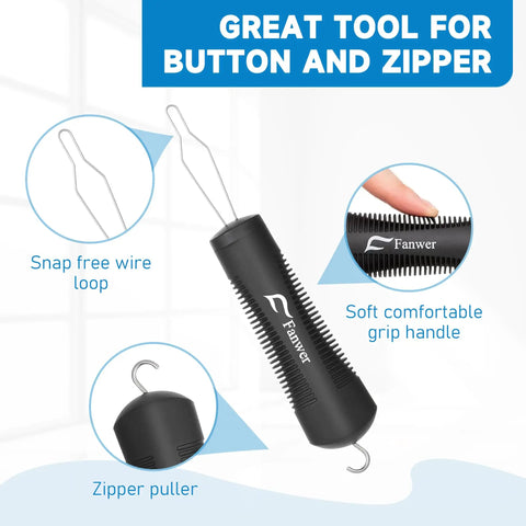 Two Pack Button Hook And Zipper Pull Helper For One Handed Dressing Aid, Easy Buttoning And Zipping, arthritis relief, black with grip handle