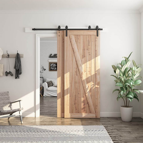 6 Feet Bypass Sliding Barn Door Hardware Kit for Double Wooden Doors with Single Track in modern room setting