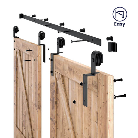 Parts of 6 Feet Bypass Sliding Barn Door Hardware Kit for Double Wooden Doors with Single Track displayed with components