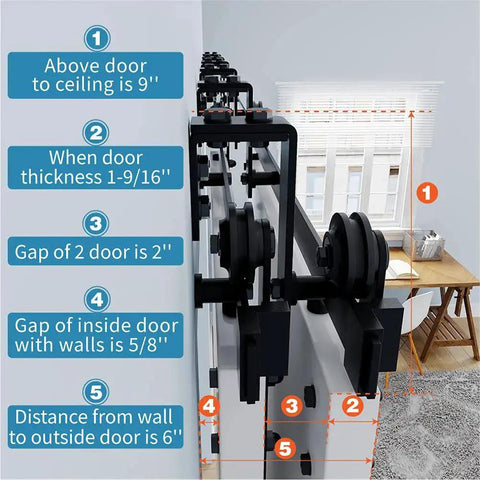 Installed Double Track Bypass Sliding Barn Door Hardware Kit For Two Doors Low Ceiling Friendly Easy Install I Shape Hanger 5Ft Rail