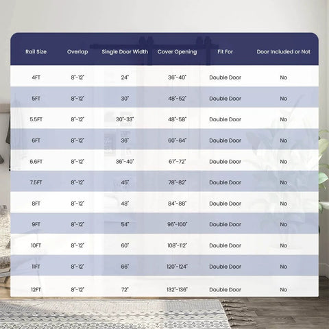 Specifications table for 4 Feet Bypass Sliding Barn Door Hardware Kit for Double Wooden Doors with Single Track.