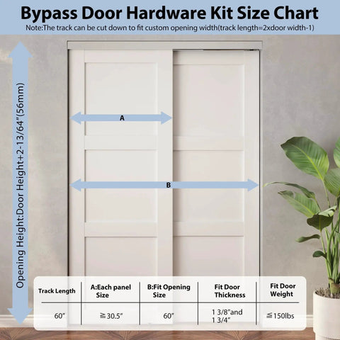 Heavy Duty Bypass Door Hardware 60 Inch Aluminum Sliding Closet Track Kit size chart for cabinet and pocket doors.