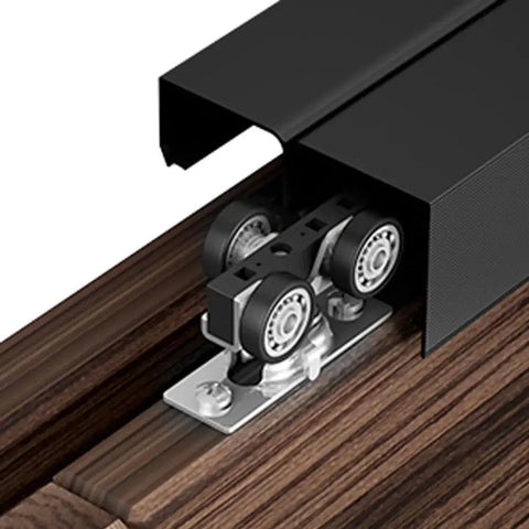 Close-up of bypass sliding door track roller kit for wardrobe and closet doors, roller hardware with screws, smooth quiet operation