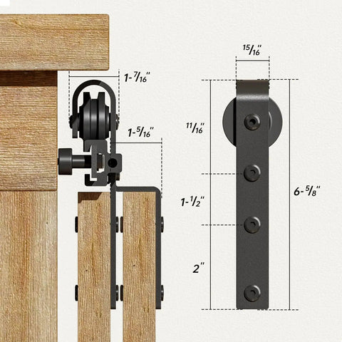 4Ft Bypass Mini Sliding Barn Door Hardware Kit For Two Doors With Black Coated Steel Track Set shown installed with dimensions.