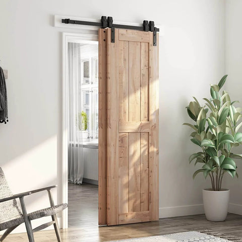 Installed 4 Feet Bypass Sliding Barn Door Hardware Kit for Double Wooden Doors with Single Track in a modern living space