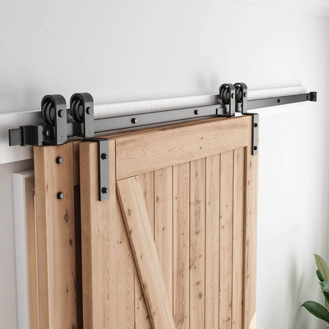 7.5 Feet Bypass Sliding Barn Door Hardware Kit for Double Wooden Doors with Single Track installed on wooden doors