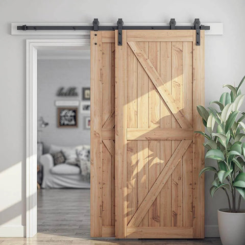 6.6 Feet Bypass Sliding Barn Door Hardware Kit for Double Wooden Doors with Single Track installed in living room