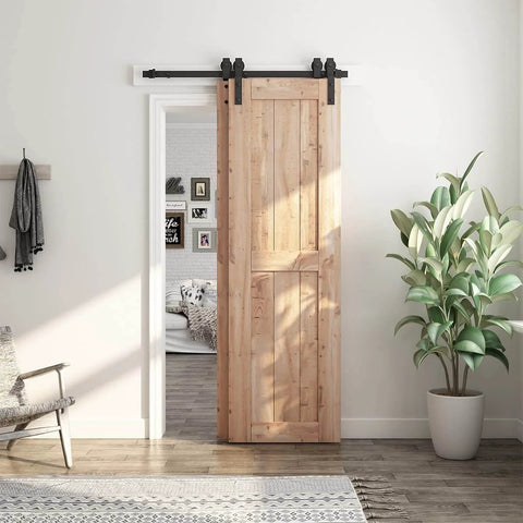 4 Feet Bypass Sliding Barn Door Hardware Kit for Double Wooden Doors with Single Track installed on wooden door