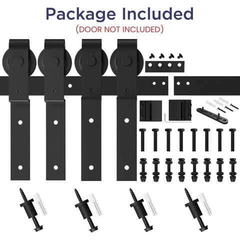 Components of 5 Feet Bypass Sliding Barn Door Hardware Kit for Double Wooden Doors with Single Track on display