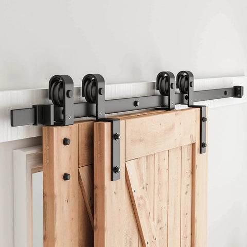 5.5 Feet Bypass Sliding Barn Door Hardware Kit for Double Wooden Doors with Single Track installed on wooden doors.