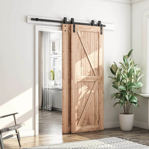 5.5 Feet Bypass Sliding Barn Door Hardware Kit installed on wooden doors in modern room, showing heavy duty carbon steel rail and single track
