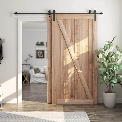 9 Feet Bypass Sliding Barn Door Hardware Kit for Double Wooden Doors with Single Track installed in home interior