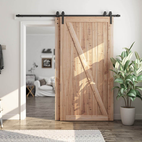 7.5 Feet Bypass Sliding Barn Door Hardware Kit for Double Wooden Doors with Single Track, installed in modern living room