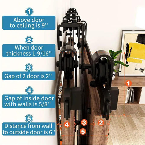Double Track Bypass Sliding Barn Door Hardware Kit For Two Doors, side view showing installation details, room decor visible