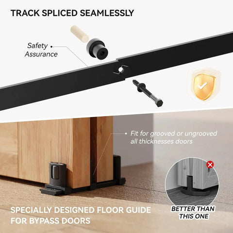 Close-up of Six Feet Bypass Sliding Barn Door Hardware Kit showing floor guide and track for double doors.